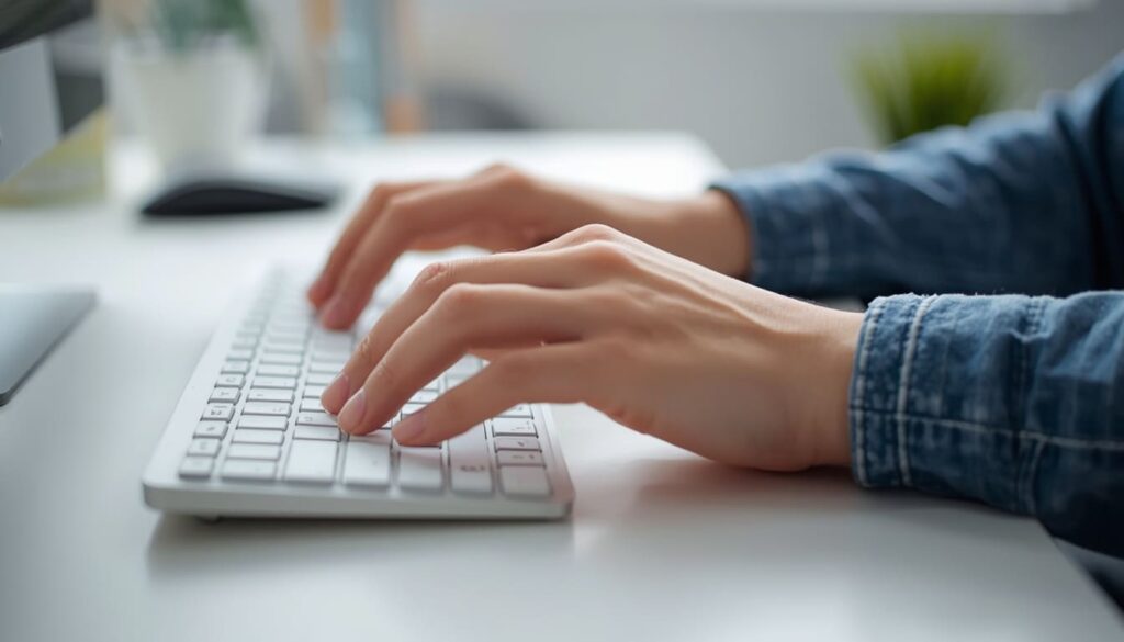 Correct typing posture with floating wrists at a desk