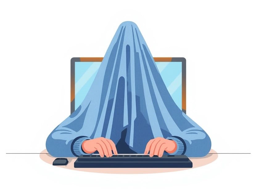 A small towel draped over hands on a keyboard to prevent looking down