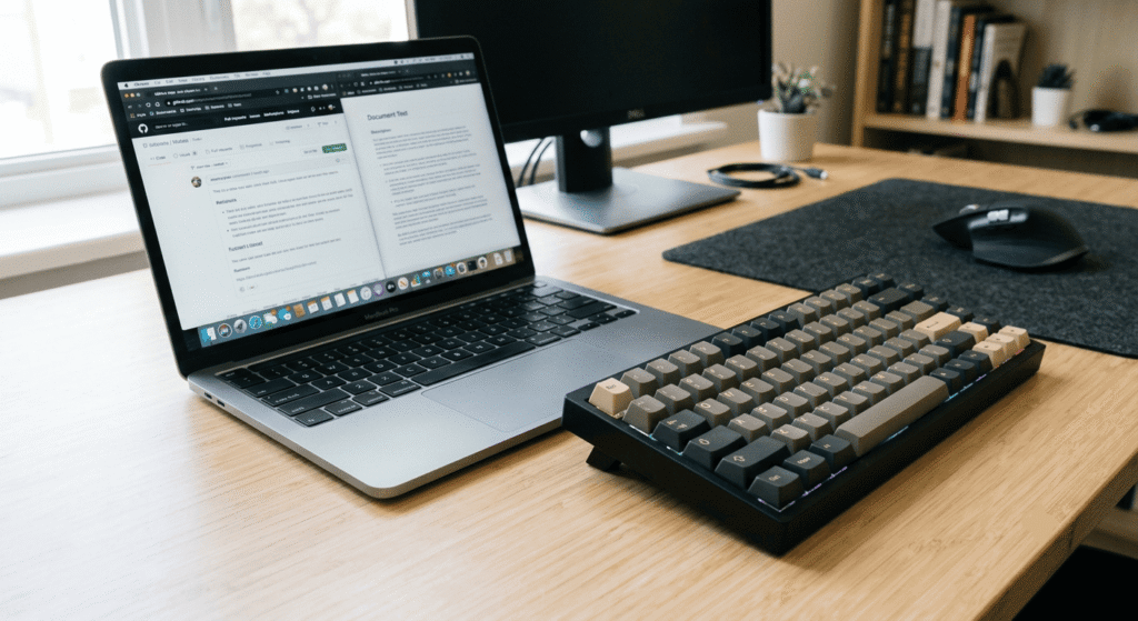 A mushy laptop keyboard next to a mechanical keyboard