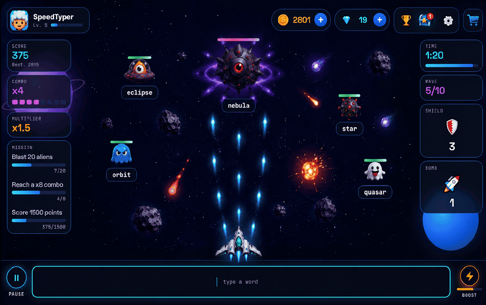 Star Blaster gameplay: typing words to shoot down incoming enemies