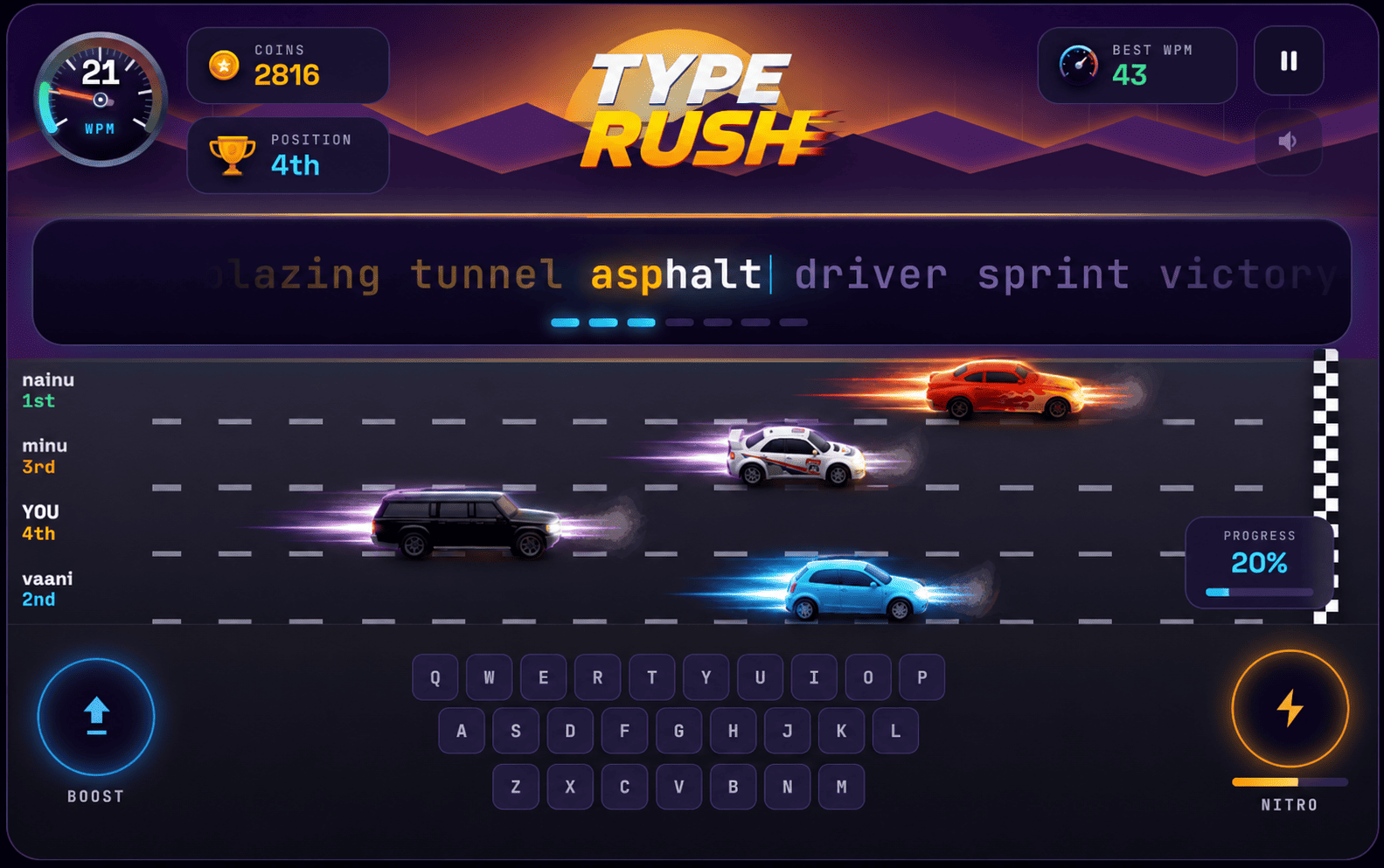 Type Rush gameplay: racing cars while typing the on-screen text