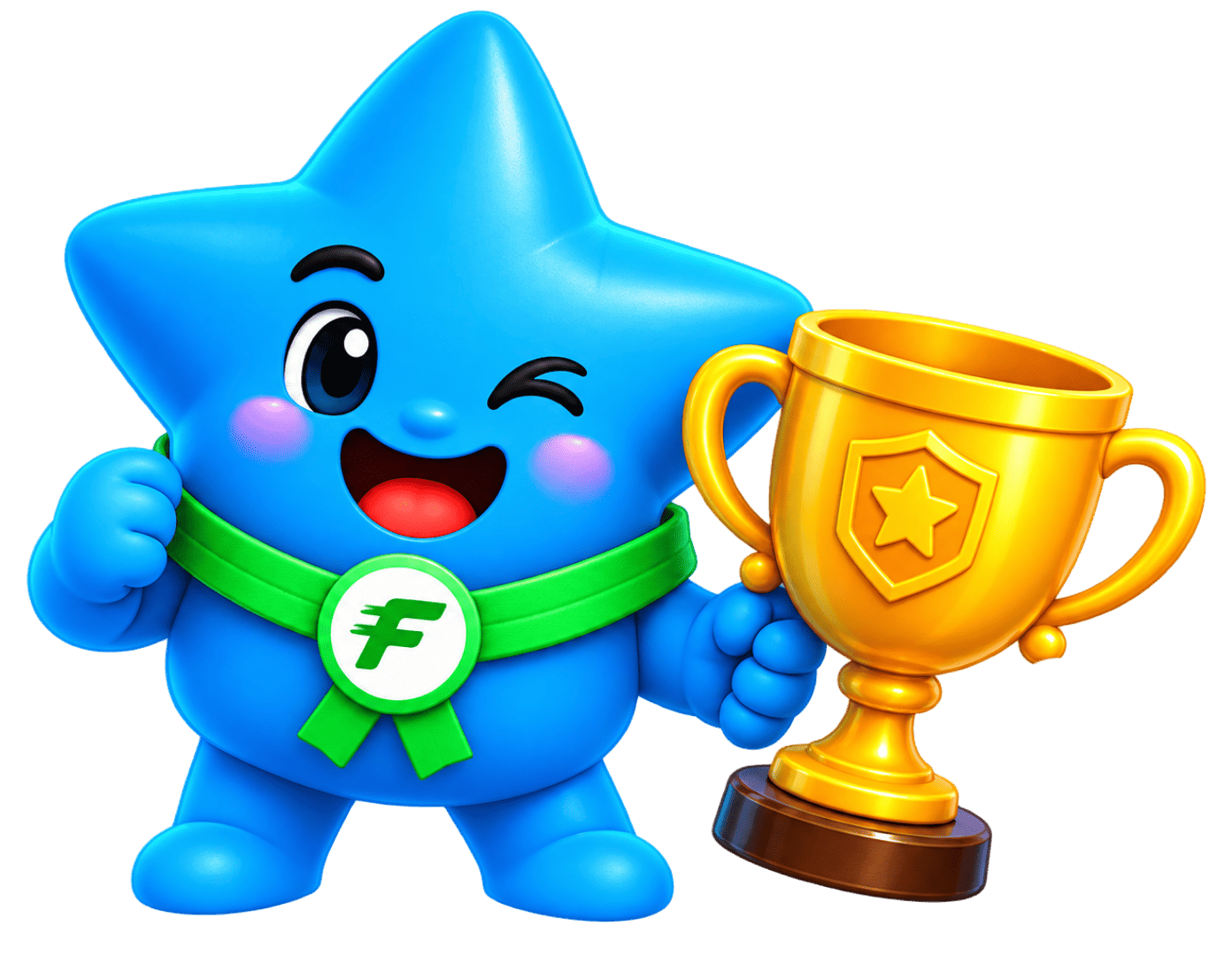 Blue star mascot holding a golden trophy